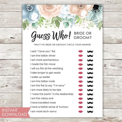 Printable Bridal Shower Game Guess Who Bride Or Groom Etsy