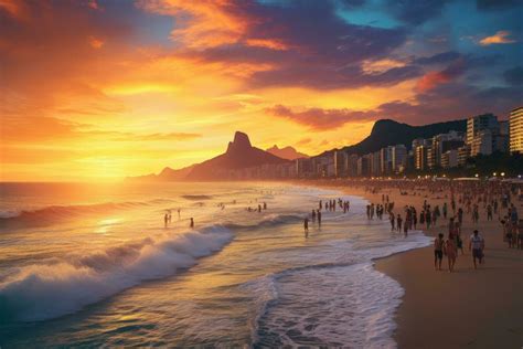 Sunset at Copacabana beach, Rio de Janeiro, Brazil, Ipanema beach in ...