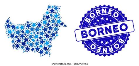 Blue Borneo Map Collage Stars Distress Stock Vector Royalty Free