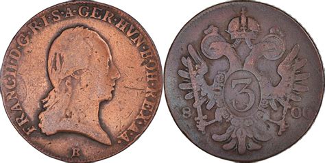 Austria 3 Kreuzer 1800 B Coin Franz II I Kremnitz Copper VF 20 25