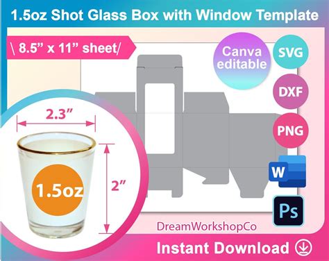 1 5oz Shot Glass T Box Template Window Box Sublimation Ms Word Canva Psd Png Svg Dxf