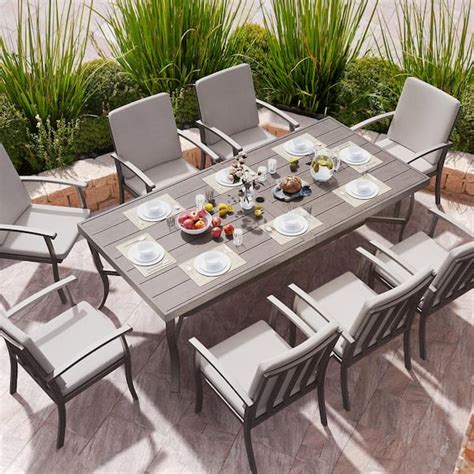 Egeiroslife Brown 9 Piece Aluminum Outdoor Dining Set With Rectangle Table And Gray Cushions Cz9