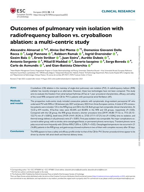 Pdf Outcomes Of Pulmonary Vein Isolation With Radiofrequency Balloon Vs Cryoballoon Ablation