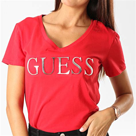 Guess Tee Shirt Col V Femme W94i62 K7dn0 Rouge Argenté