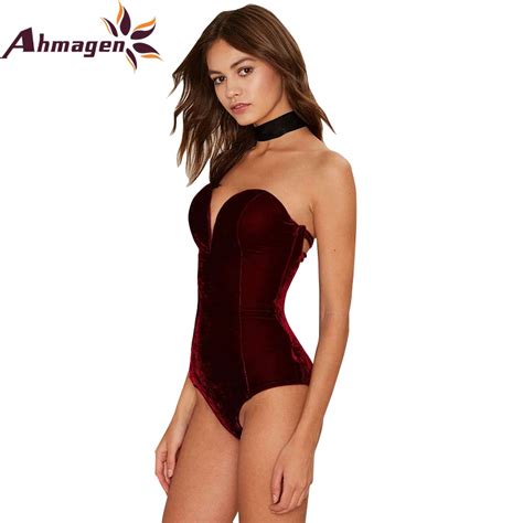 Buy Sexy Deep V Neck Velvet Bodycon Bodysuit Strapless