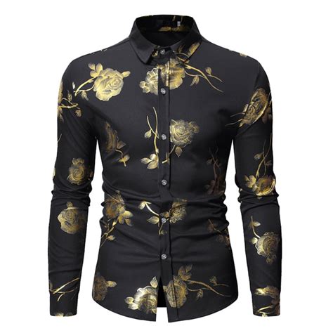 Us Eu Size Zeroyaa 2019 Mens Hipster Shiny Gold Rose Print Slim Fit