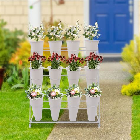 White Flower Display Stand 12pcs Buckets 3 Layer Metal Plant Stand W