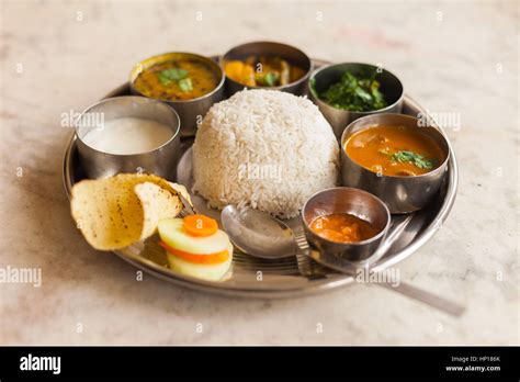 Vegetarian Nepali Thali (Dal Bhat) set, a traditional meal with rice and pulses in Nepal Stock ...