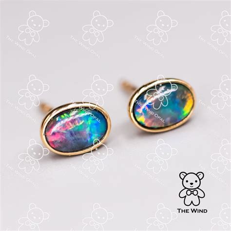 Minimalist Oval Shaped Australian Triplet Opal Stud Earrings K Yellow