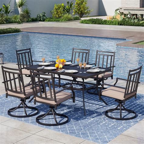 PHI VILLA 7 Piece Metal Rectangular Outdoor Dining Set With Beige