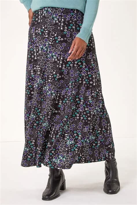 Blue Ditsy Floral Print Stretch Midi Skirt Roman Uk