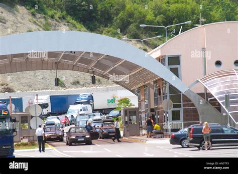 The border crossing between Croatia and Montenegro with a futuristic border control building and ...