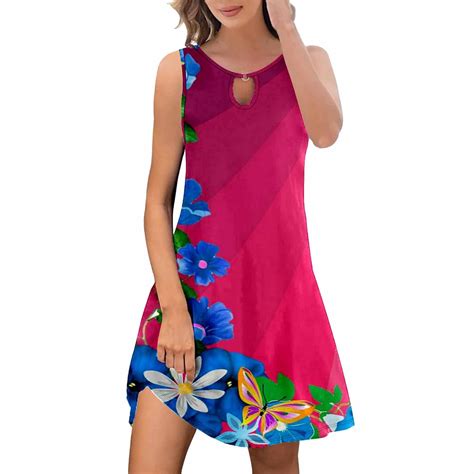 Summer Dresses For Women Trendy Boho Floral Print Cover Up Crew Neck Sleeveless Tunics Dress For