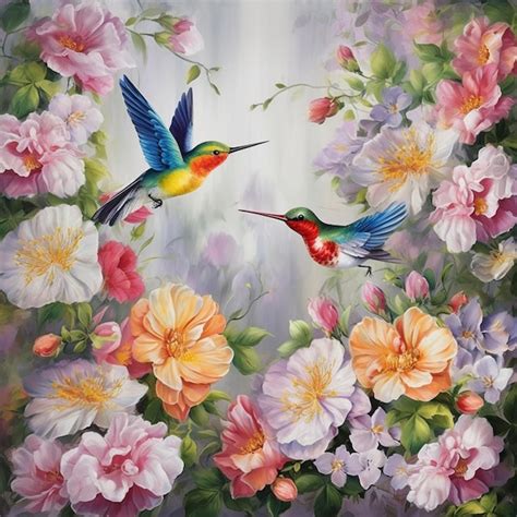 Premium Ai Image A Painting Of Two Hummingbirds On A Flower Background