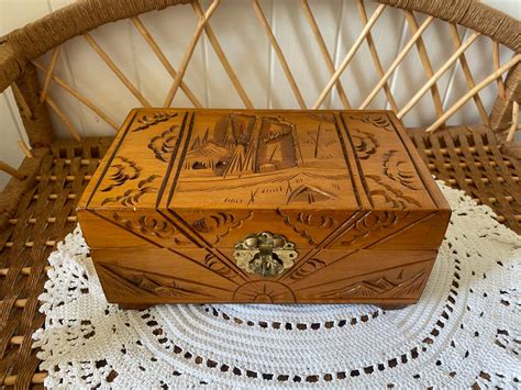 Vintage Carved Wood Jewellery Box Camphor Wood Box Hand Carved Asian