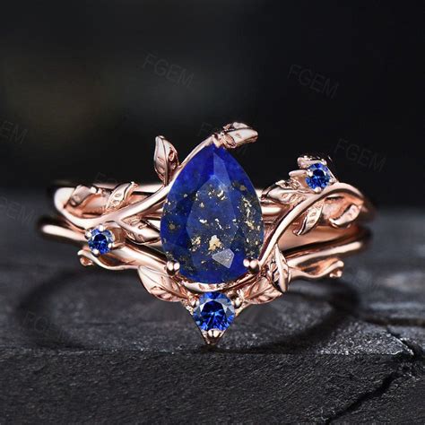 Nature Inspired Pear Lapis Lazuli Engagement Ring Set Natural Lapis