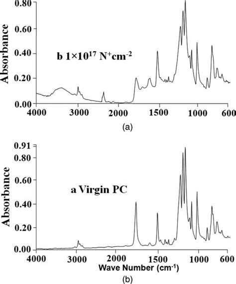 Atr Ftir Spectra Of A Virgin And Implanted Polycarbonate At B 1×10 Download Scientific