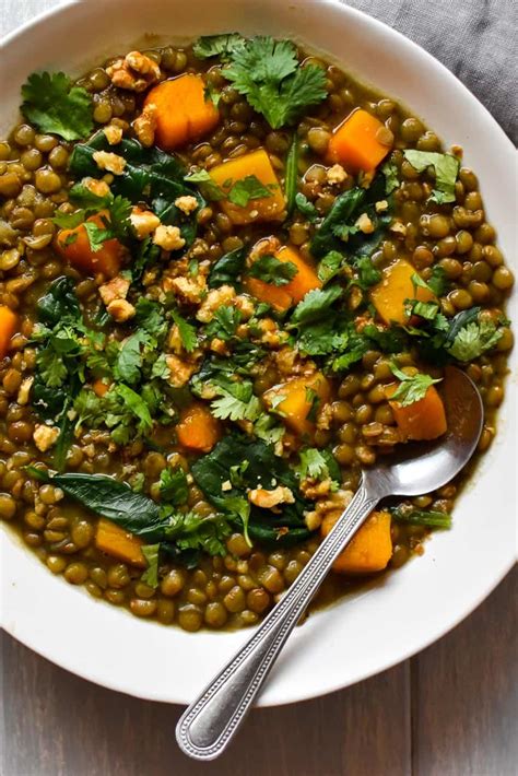 Vegan Butternut Squash And Lentil Soup With Cilantro And Walnuts