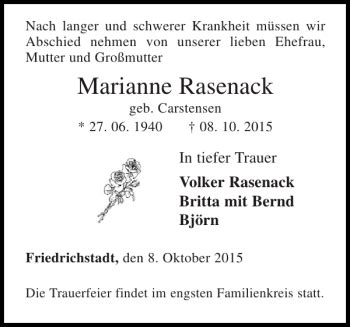 Traueranzeigen Von Marianne Rasenack Sh Z Trauer