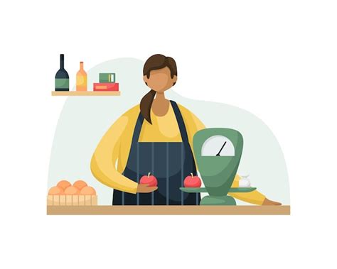 Illustration Vectorielle D une Vendeuse Derrière Un Comptoir Avec Des