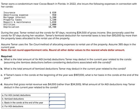 Solved Tamar Owns A Condominium Near Cocoa Beach In Florida Chegg