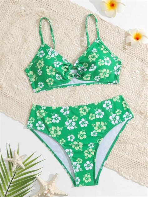 Shein Teen Girls Floral Print Ring Linked Bikini Swimsuit Shein Uk