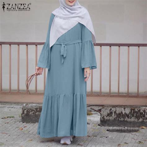 HijabFab ZANZEA Muslimah Womens Muslim Flare Long Sleeve A Line Plain