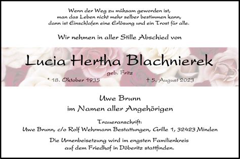 Traueranzeigen Von Lucia Hertha Blachnierek M Rkische Onlinezeitung