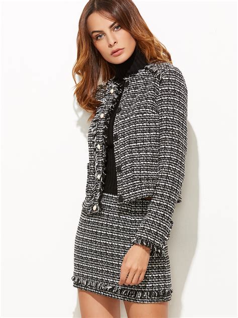 Black And White Frayed Trim Tweed Jacket With Skirt Sheinsheinside