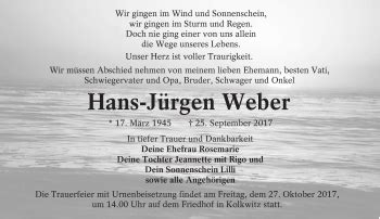 Traueranzeigen von Hans Jürgen Weber lr online trauer de