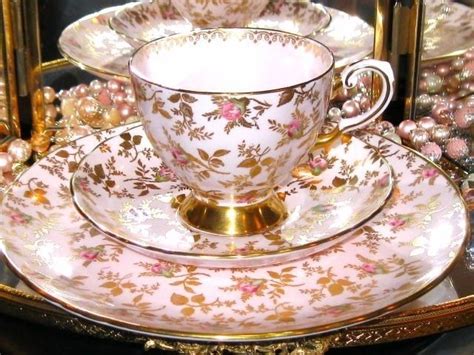 Pink Tuscan Rose And Gold Chintz Tea Cup Saucer And Plate Trio