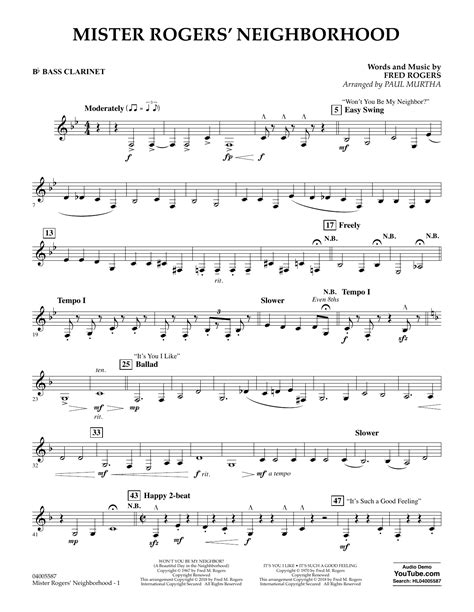 Mister Rogers Neighborhood Arr Paul Murtha Bb Bass Clarinet By Fred Rogers Sheet Music For