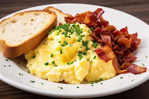 Premium Photo Scrambled Eggs With Bacon And Buttered Toast