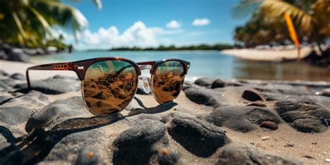 Premium Ai Image Sunglasses Lie On The Beach On The Sand Generative Ai