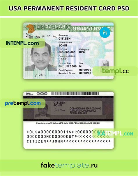 Usa Green Card Permanent Resident Card Template In Psd Format Fully