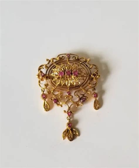 BROCHE ANCIENNE XIX ème or jaune 18 carats rubis et diamants EUR 1 875