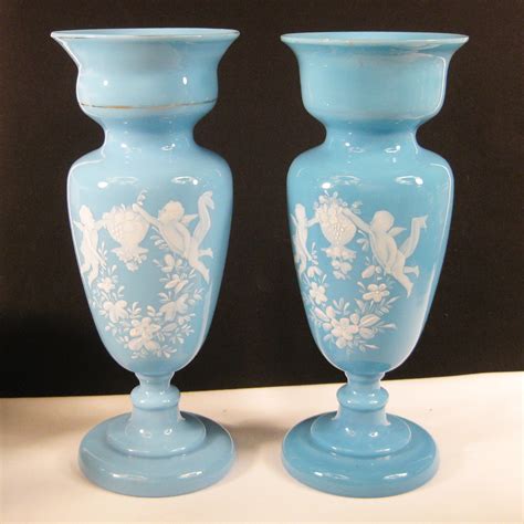 Antique Bristol Blue Handpainted Cherubs Bristol Glass Vase Set