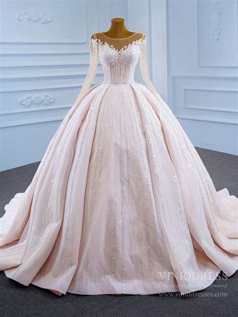 Luxury Beaded Blush Ball Gown Wedding Dress With Sleeves Vw1972 Ball