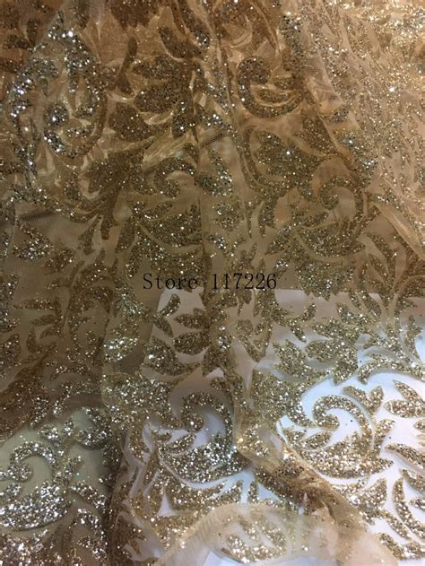 Top Selling French African Glued Glitter Sequence Lace Fabric In Gold