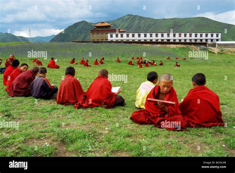 Boy Lamas Reading Traditional Tibetan Scripture In Buddhism Institute