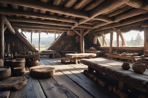 Premium Photo A Viking Longhouse With Wooden Beams And Animal Hides