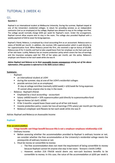 TAX LAW TUTE Notes Taken During Tutorials TUTORIAL 3 WEEK 4 Q1