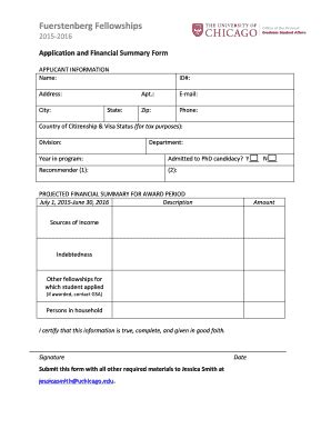 Fillable Online Fuerstenberg Application 2015 Graduchicagoedu Fax