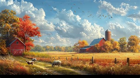 Premium Photo | A farm with a barn and sheep in the background