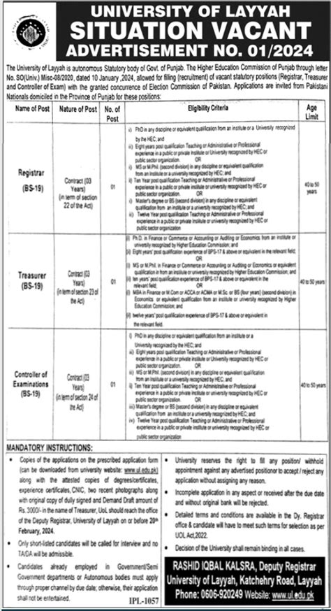 Job Positions At University Of Layyah 2024 Job Advertisement Pakistan