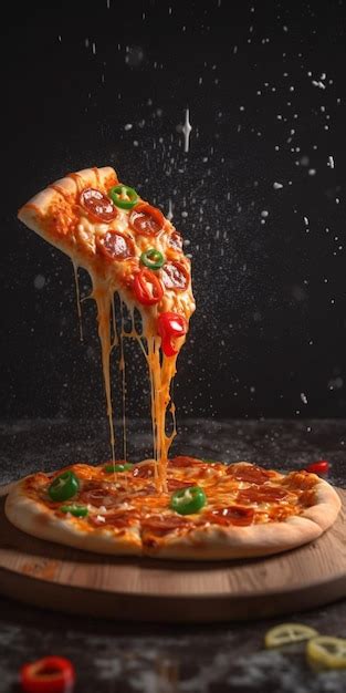 Pizza slice with cheese pull floating on top of pizza on wooden plate Created with Generative AI ...