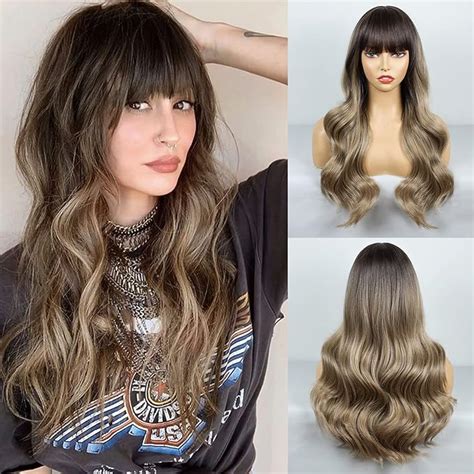 Amazon BOGSEA Wig With Bangs Ombre Dark Blonde Long Wavy Wigs For