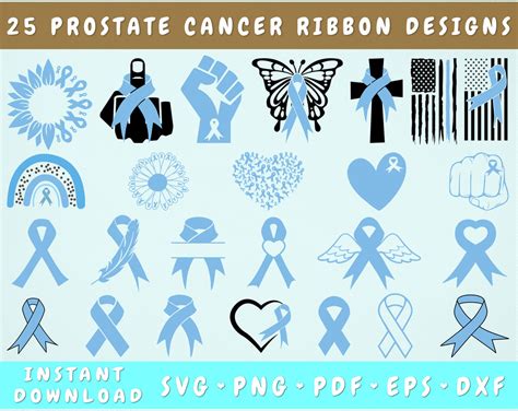 Prostate Cancer Ribbon SVG Bundle, 25 Designs, Prostate Cancer Clipart, Light Blue Cancer Ribbon ...