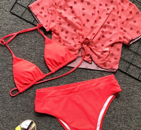 Sexy Rojo Amor Corazón Pura Bikini De Malla De Corbata Traje De Tres