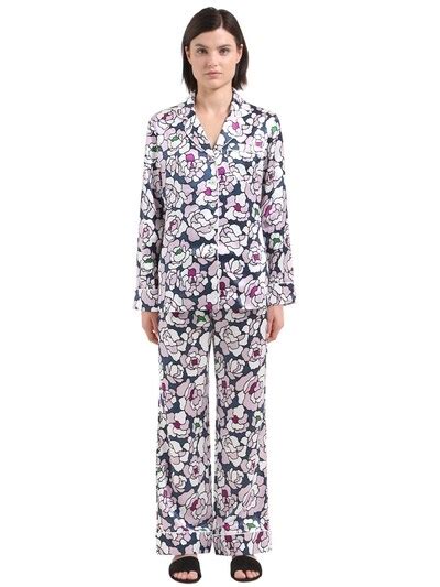 Olivia Von Halle Lila Floral Print Silk Satin Pajama Set In Teal Purple